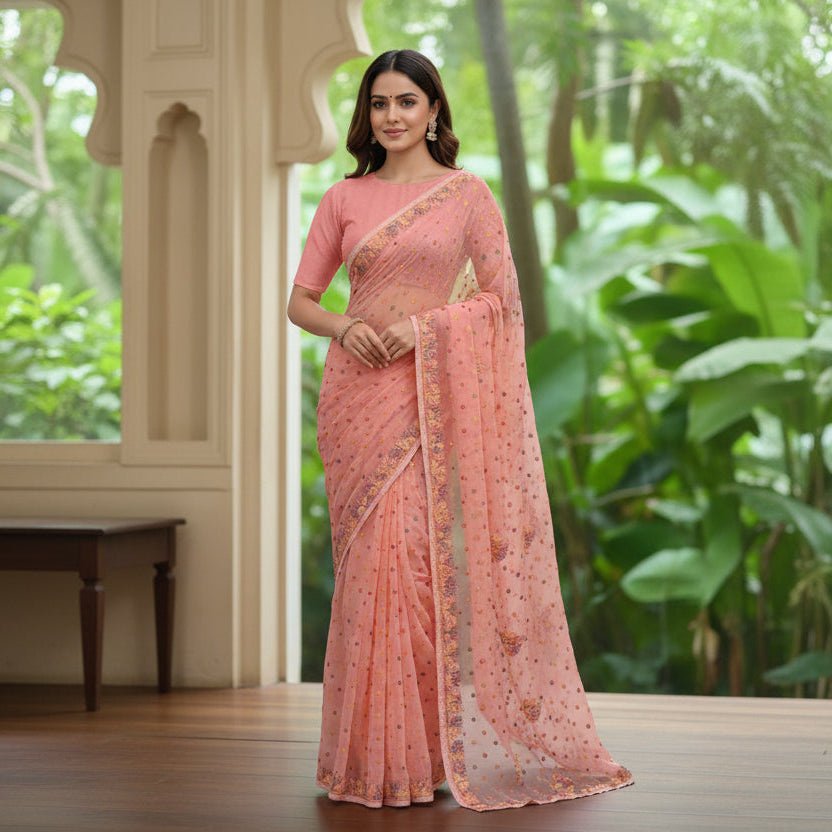 A woman is wearing and posing in a watermelon pink Georgette Saree with chikankari Keel Jaal Embroidery and Resham Work, with a matching blouse in a posh way.