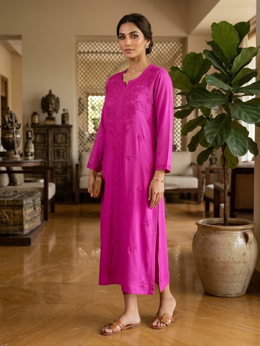 A woman modeling a bright magenta-pink long kurta dress with subtle floral embroidery, standing in a warm, modern interior room with wooden floors and a large potted plant.