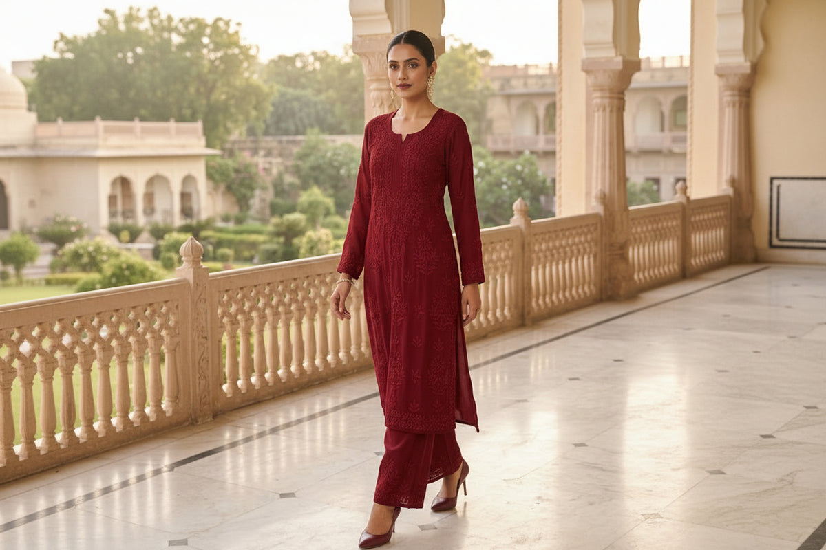 A woman modeling a deep maroon red embroidered kurta and trouser set on a marble walkway with a stone balustrade and garden background.