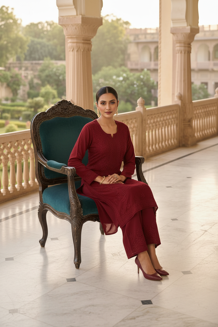 The Mira Nazakat 3D Chikankari Pure Muslin Silk Set | Famaza Couture