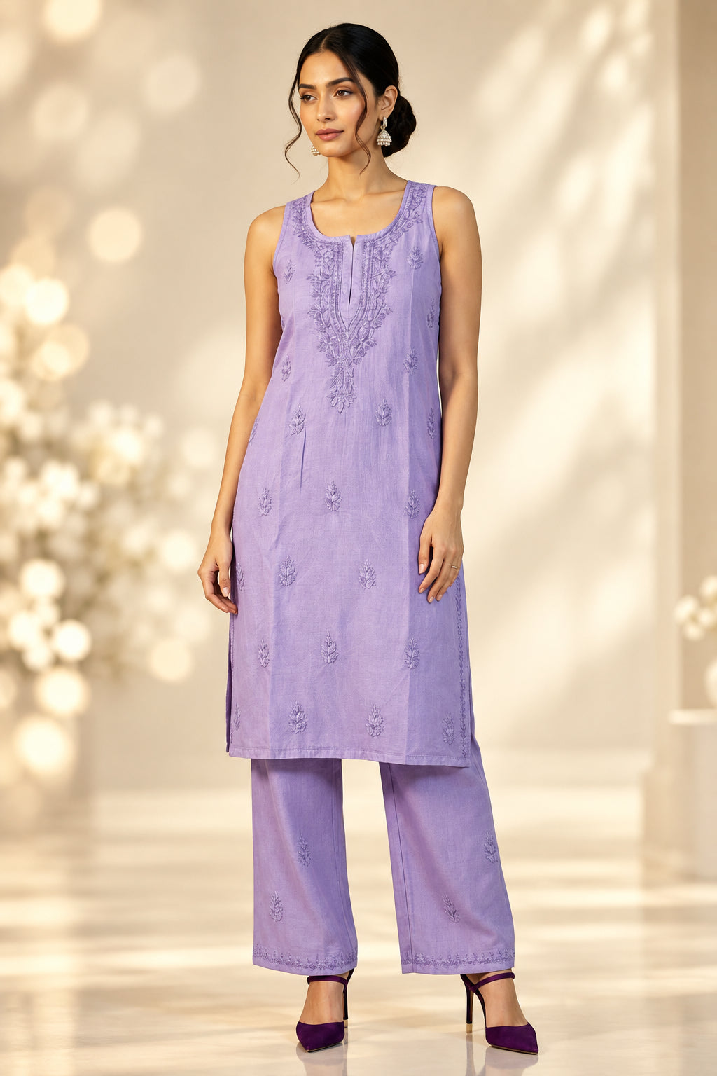 A woman modeling a lavender purple embroidered kurta and matching wide-leg trousers against a white patterned backdrop.