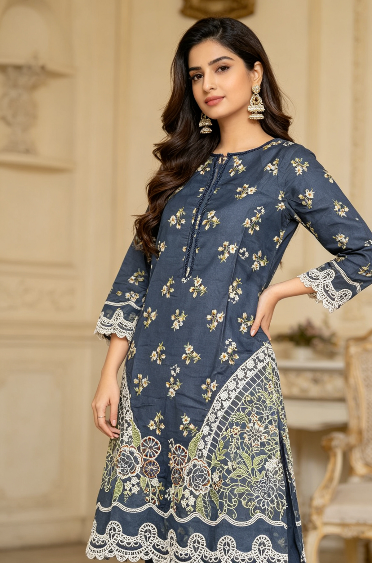 A woman modelling a state blue three-piece salwar kameez suit set with beige and green floral embroidery and white lace trim, set against an elegant indoor background.