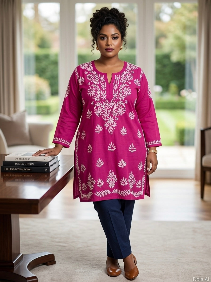 A woman modelling a bright pink kurta with white floral embroidery, paired with navy blue trousers and brown shoes, standing in a modern, sunlit room.