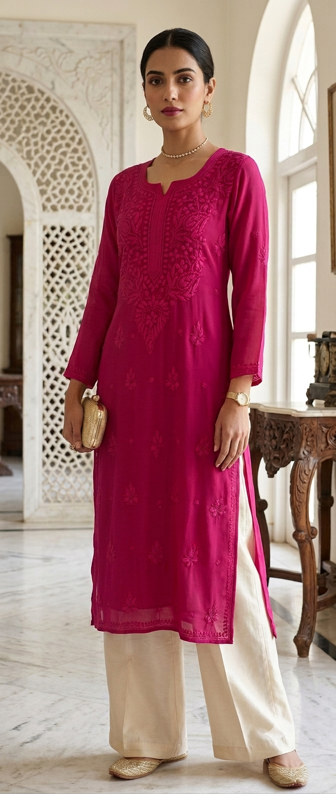 A woman modelling a magenta pink embroidered kurta with cream wide-leg trousers, standing in a traditional architectural interior with white walls and arches.