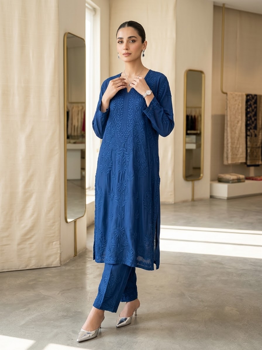 A woman modelling a royal blue embroidered kurta and trouser set in a bright, modern boutique interior with mirrors and neutral walls.