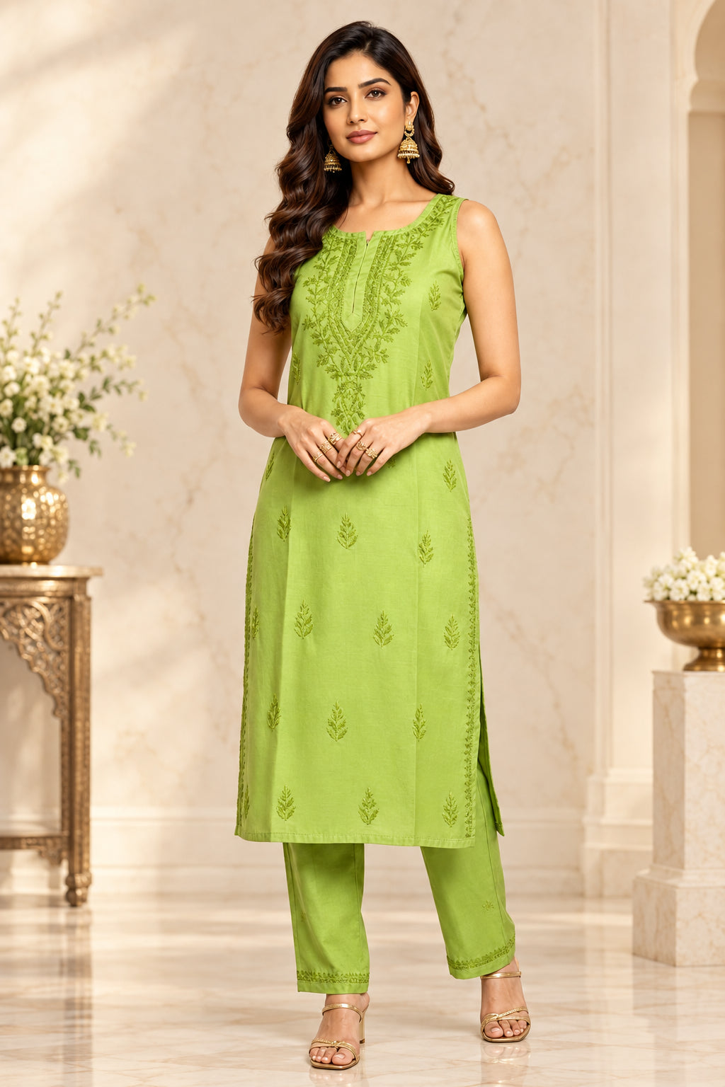 A woman models a bright green salwar kameez suit with matching trousers in an ornate, traditional Indian room. The kurta features detailed embroidery on the chest and scattered motifs on the front, paired with a matching green inner shirt and trousers.