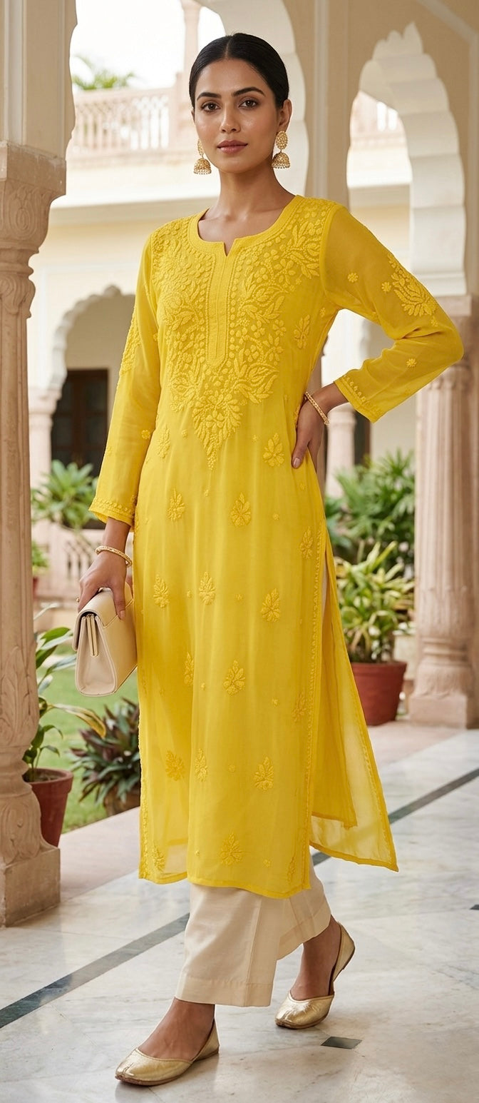 A woman models a bright yellow embroidered kurta with three-quarter sleeves, paired with cream-colored pants and gold shoes, standing in an outdoor courtyard with arches.