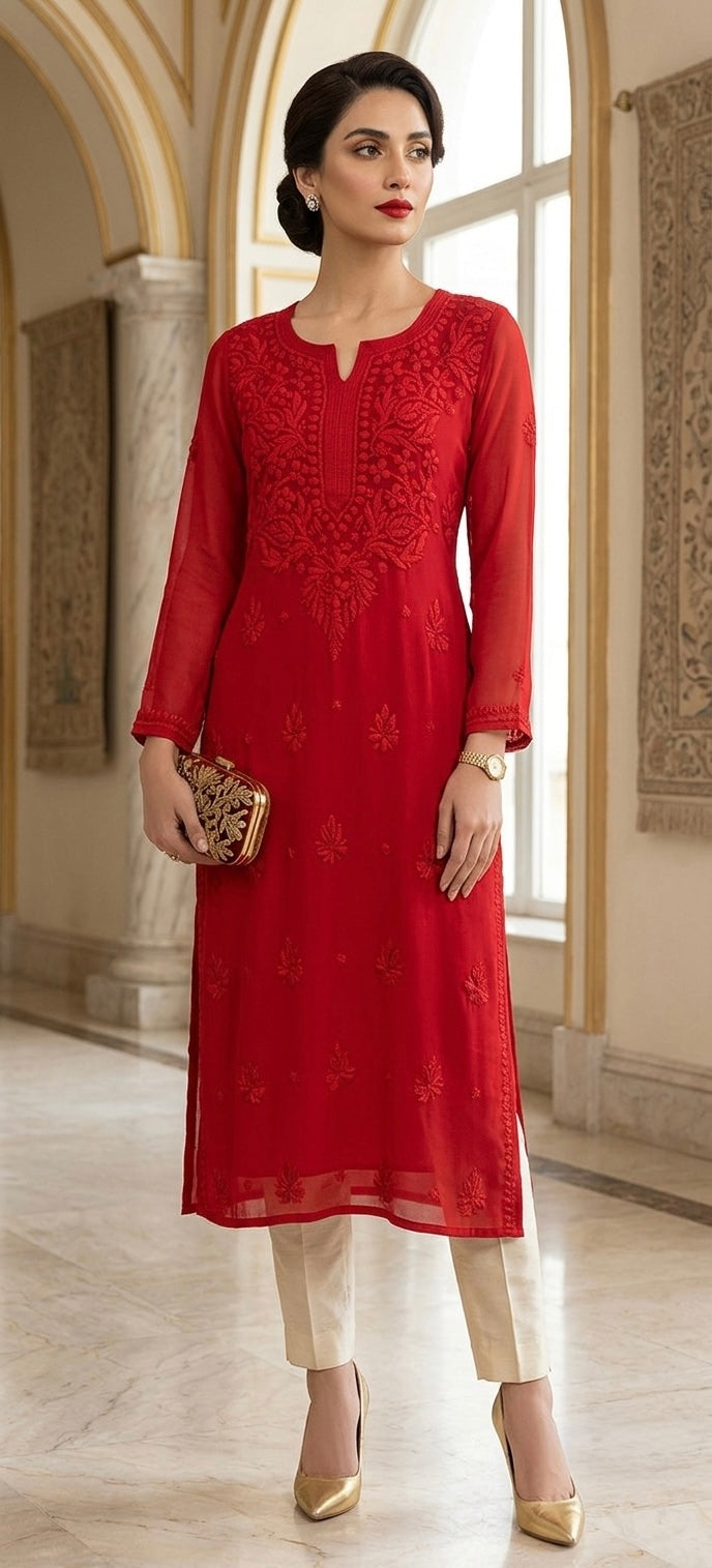 A woman models a red embroidered kurta with three-quarter sleeves, paired with cream pants and gold heels, holding a small patterned clutch in an elegant indoor setting.
