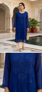 A woman models a royal blue embroidered kurta with beige pants in an outdoor courtyard setting, with a close-up inset of the detailed embroidery on the front of the kurta.