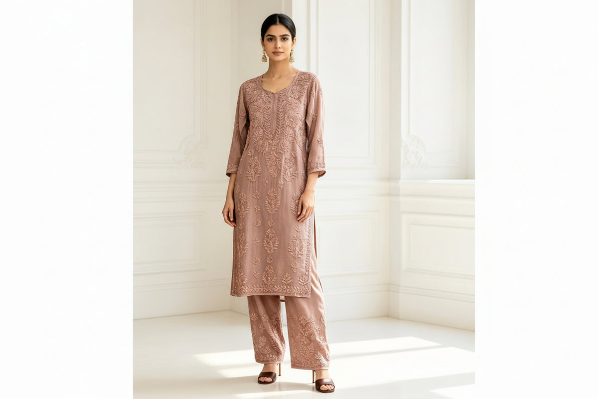 A woman models a three-piece dusty rose pink ethnic kurta set with matching palazzo pants. The set features intricate floral embroidery and is styled with gold earrings and sandals in a bright, white-paneled room.