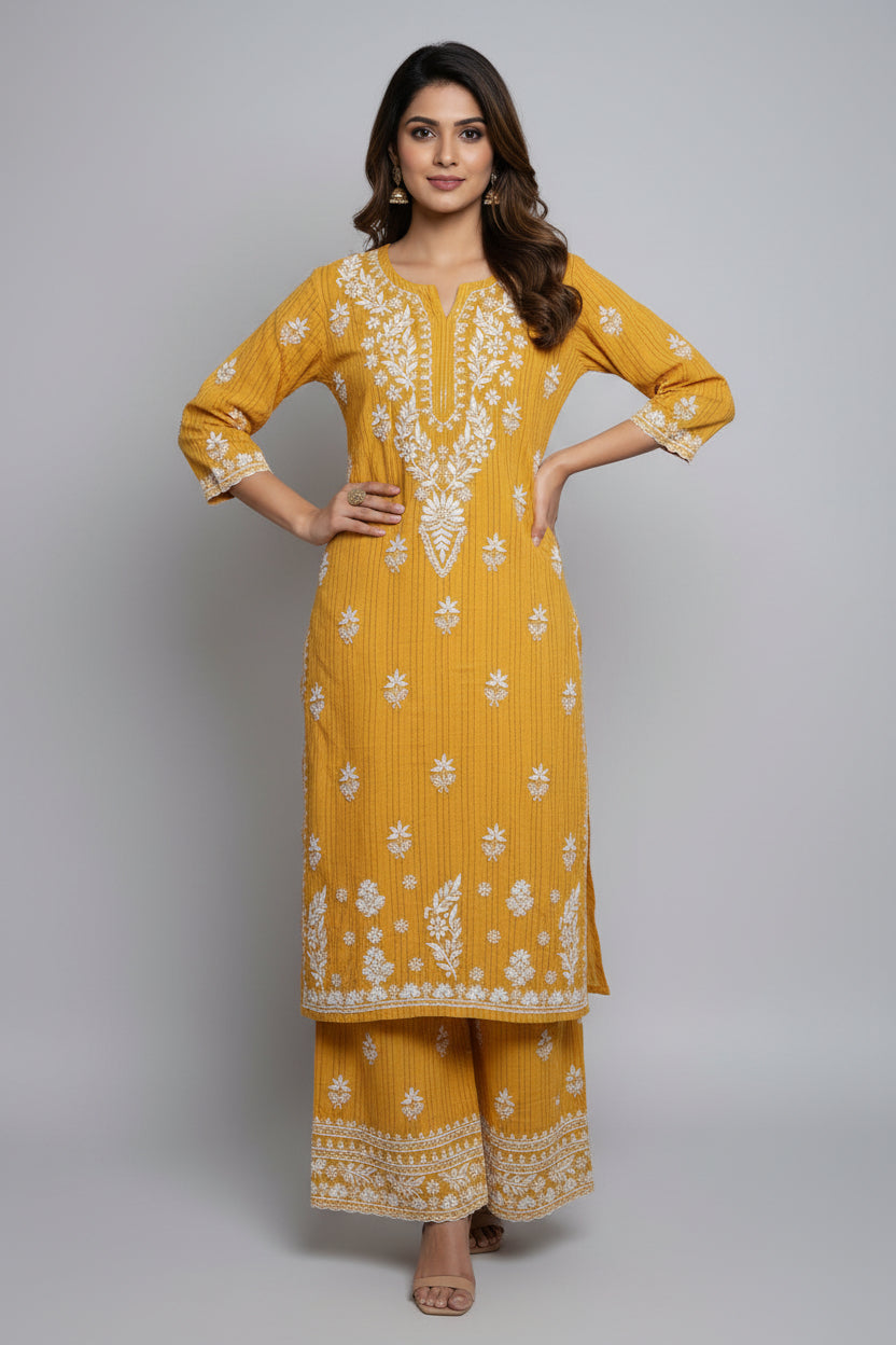 A woman standing on a sidewalk with wearing a mustarad colour traditional Lucknowi chikankari kurti with floral patterns and palazzo pants, holding a mobile phone and a bag.