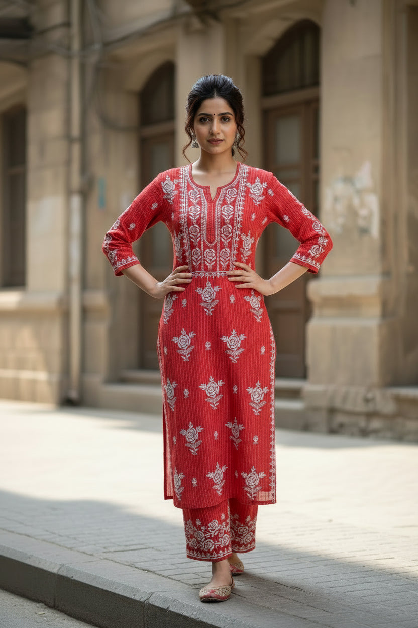 A woman standing on a sidewalk withwearing a red colour traditional Lucknowi chikankari kurti with floral patterns and palazzo pants, holding a bag.