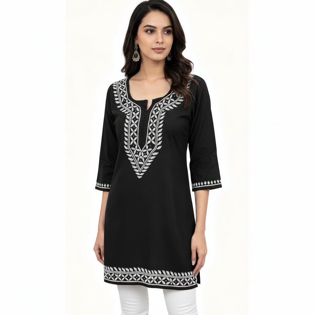 A woman modeling a black three-quarter sleeve kurta with white geometric embroidery around the neckline, sleeve cuffs, and hem, paired with white pants against a plain white background.