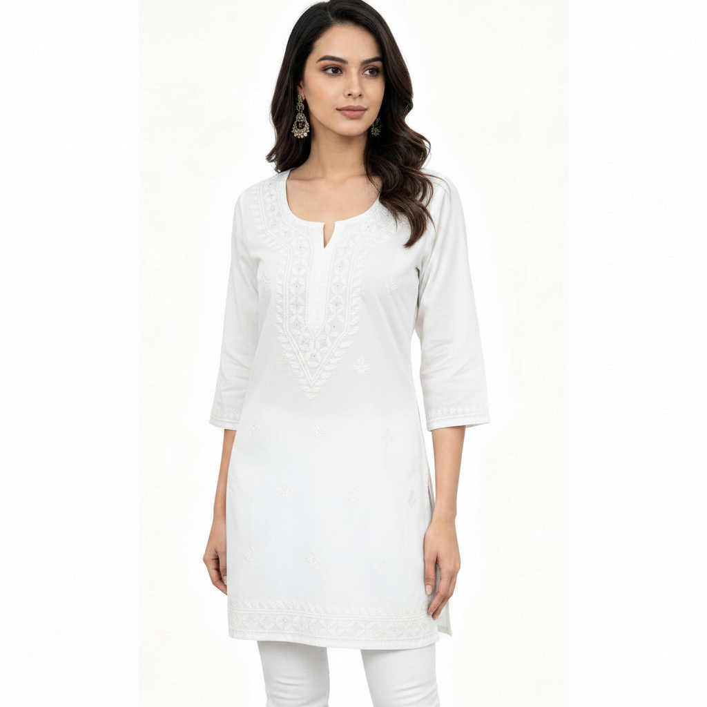 model is wearing white short kurti with hand embriodery