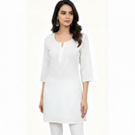 model is wearing white short kurti with hand embriodery
