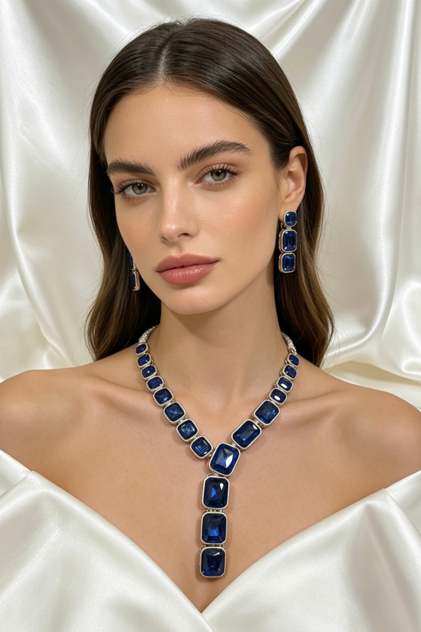 A woman with dark brown hair models a luxury jewellery set featuring deep blue rectangular gemstones in silver-toned settings, including a V-neck necklace and matching drop earrings, set against a draped white satin background.