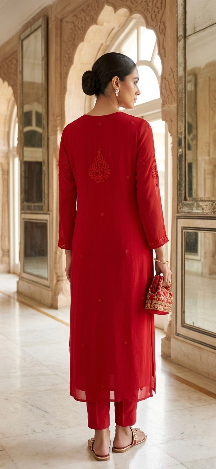 A woman wearing a red long kurta and matching pants, standing in a marble corridor with arched windows and mirrors. She is shown from the back, holding a small red patterned clutch.