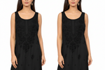 A woman modeling a sleeveless black dress with floral embroidery on the bodice, shown in a side-by-side duplicate view against a plain white background.