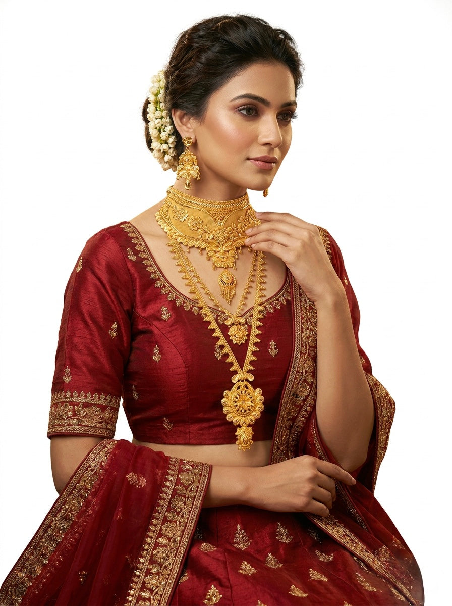 A woman wearing an ornate traditional Indian outfit in deep maroon with gold embroidery, styled with layered gold jewelry, a floral hair accessory, and earrings, set against a plain white background.