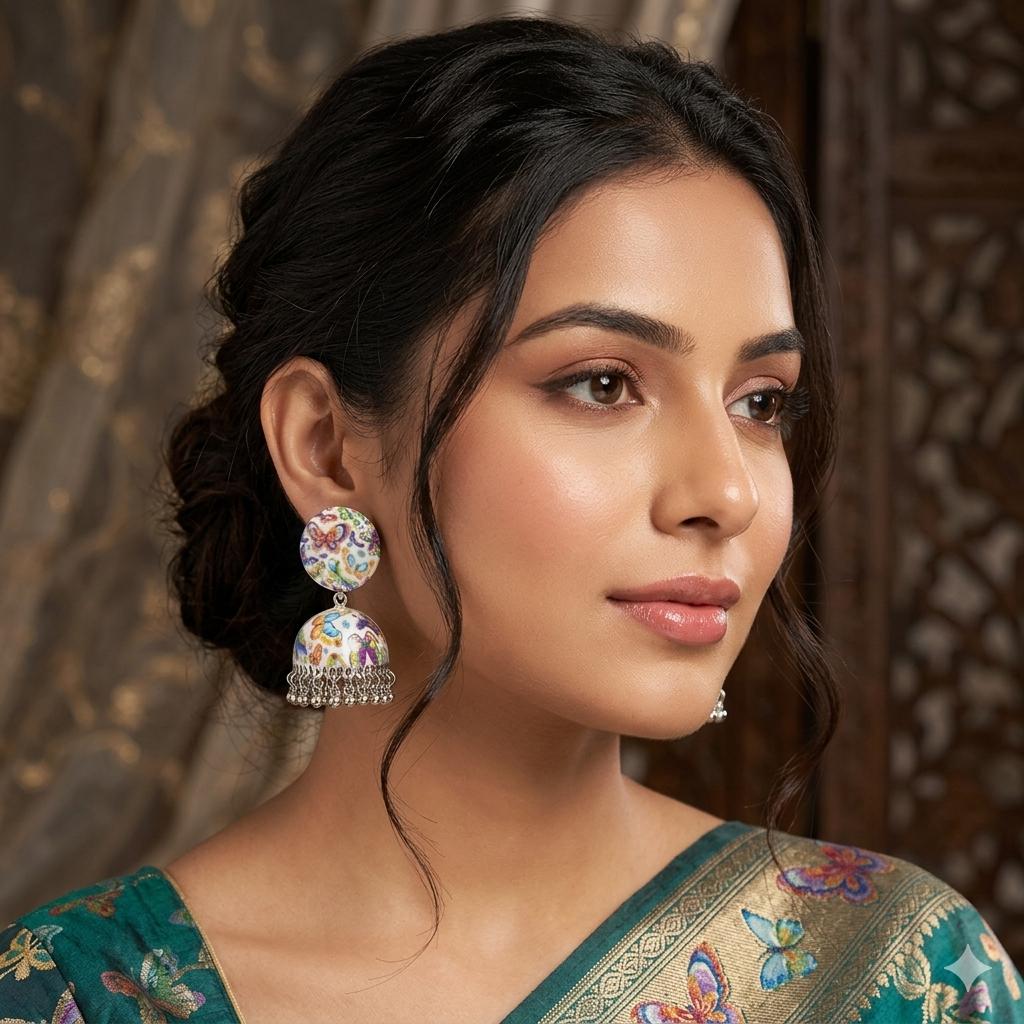 A woman wearing hand-painted white enamel jhumka earrings decorated with a colorful butterfly motif and dangling metallic beads.