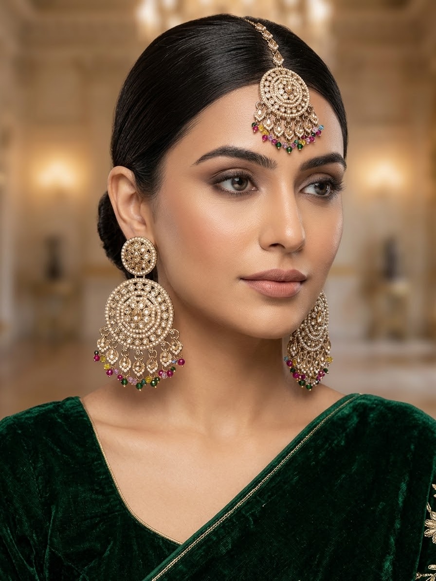 A woman wearing ornate gold-toned Indian jewelry, including a maang tikka on her forehead, matching drop earrings, and a green velvet saree, set against a softly blurred warm-toned indoor background.