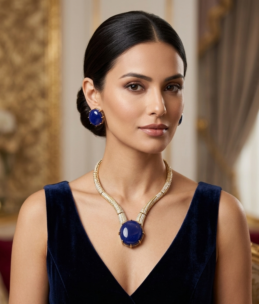 A woman with dark hair in an updo models a luxury jewelry set featuring a gold-plated necklace and matching drop earrings with deep blue oval gemstones, paired with a dark navy velvet dress in an elegant indoor setting.