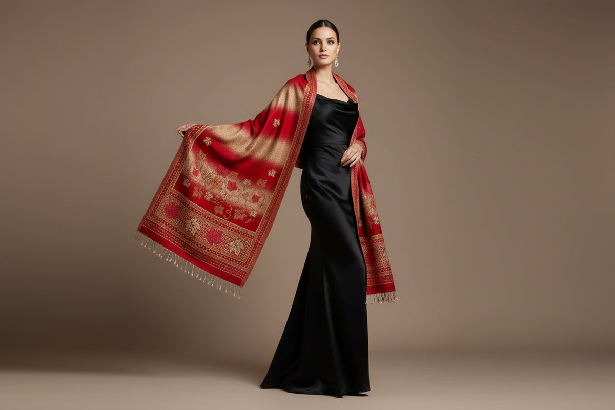 A woollen weaved scarf with a double-sided design, featuring a maple traditional pattern on borders and in the middle, primarily in red and beige colours. 2. 5 Yard long and 1 yard wide shawl by Famaza Couture