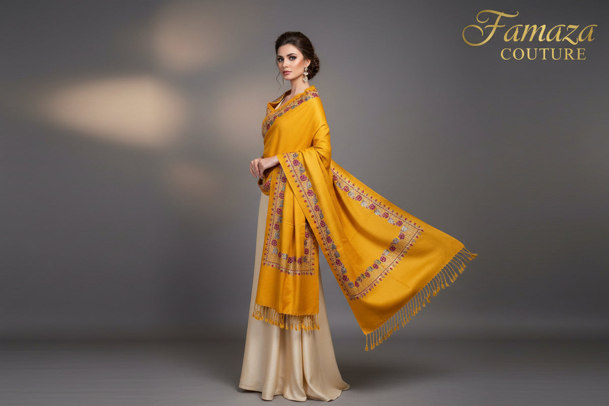 A yellow pashmina scarf with rose embroidery and tassels along the edges, displayed against a white background.