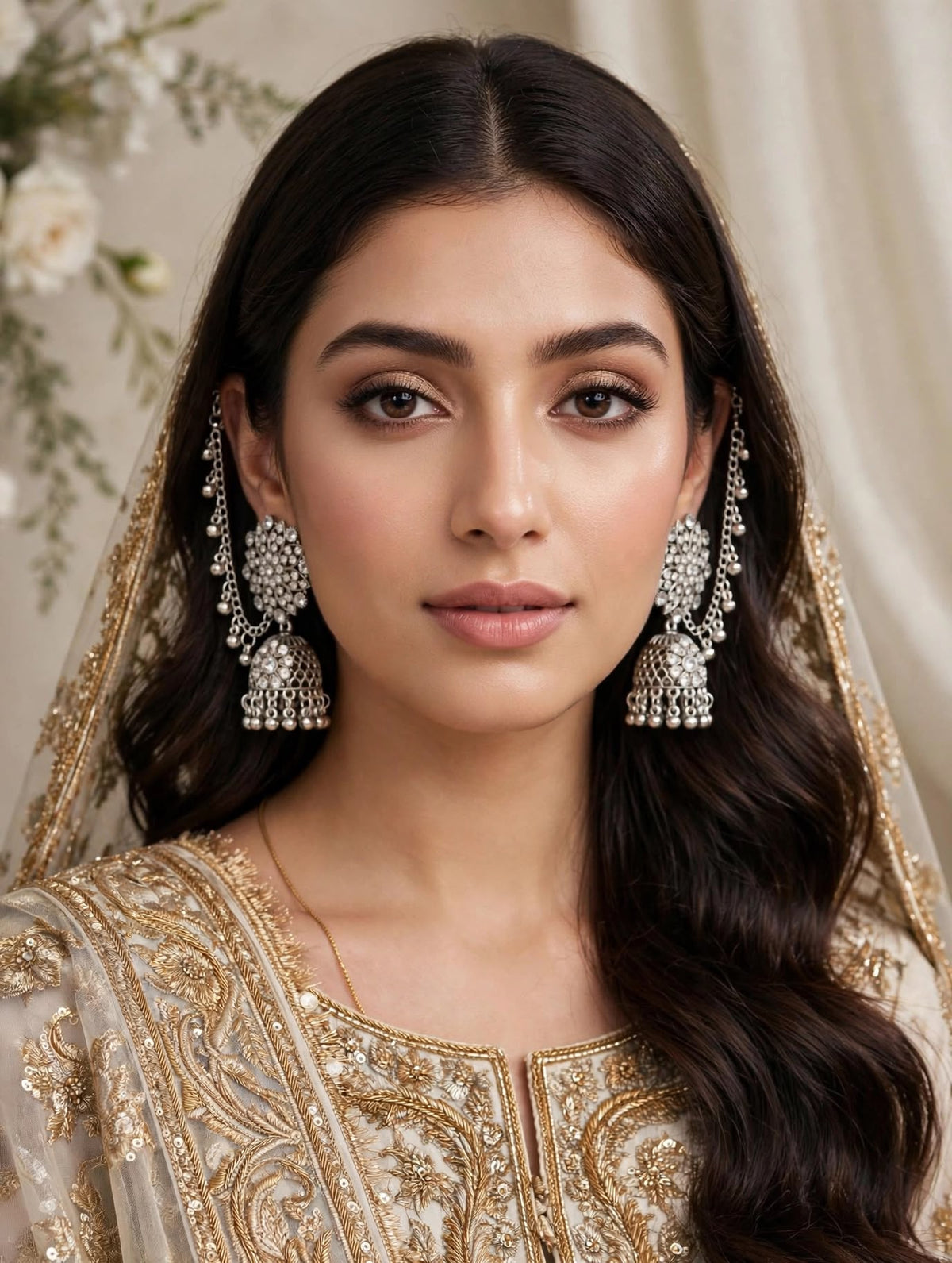 A woman wearing ornate silver-toned jhumka earrings with intricate beadwork and a matching embellished traditional outfit, shown in a close-up portrait against a soft cream background.