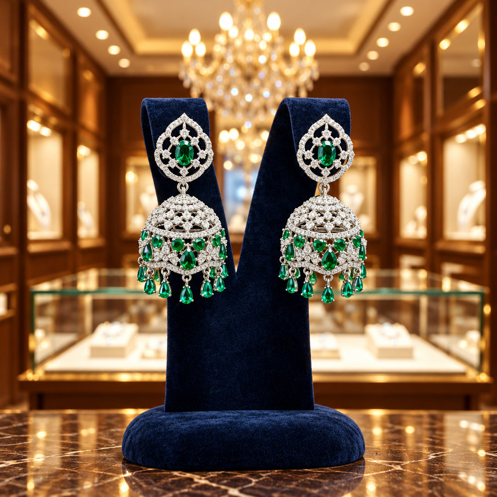 American Diamond Emerald Green Drop Earrings – Festive Indian Jewellery