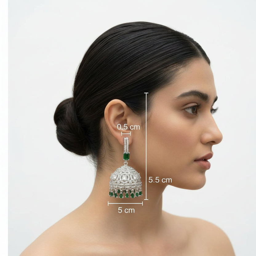 American Diamond jhumka with bottle green and white stones.