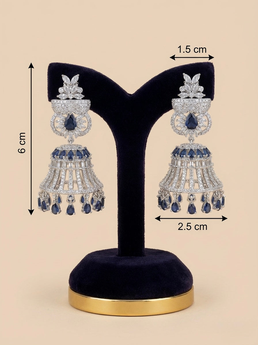 American diamond bell jhumnka earrings with navy blue and white cubic zirconia stones earrings with measurements.