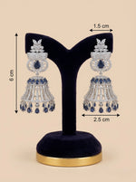 American diamond bell jhumnka earrings with navy blue and white cubic zirconia stones earrings with measurements.