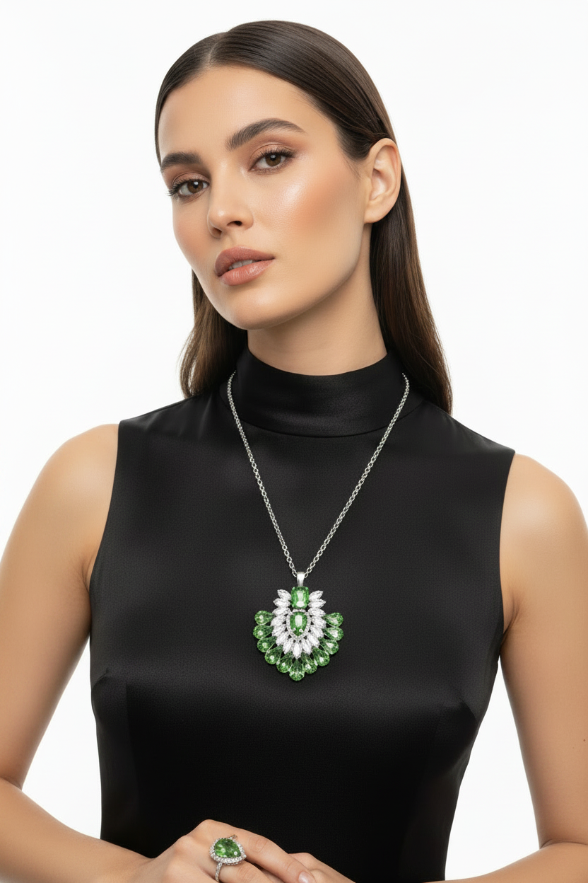 A woman wearing a silver-tone necklace with a green and white floral pendant, matching green and white drop earrings, and a green ring, styled with a black satin mock-neck top against a white background.