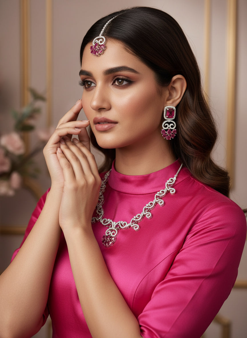 American diamond white stones with hot pink stone in the centre on this jewellery set includes necklace, earrings and maang tikka by famaza couture