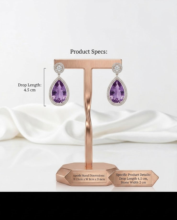 Amethyst teardrop earrings with a 4.5 cm drop length and 2 cm stone width, displayed on a jewellery stand.