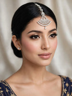 Anfal Fan-Shaped American Diamond Bridal Maang Tikka in silver plated finish with clear AD stones, worn on model — Famaza Couture premium bridal forehead jewelry.