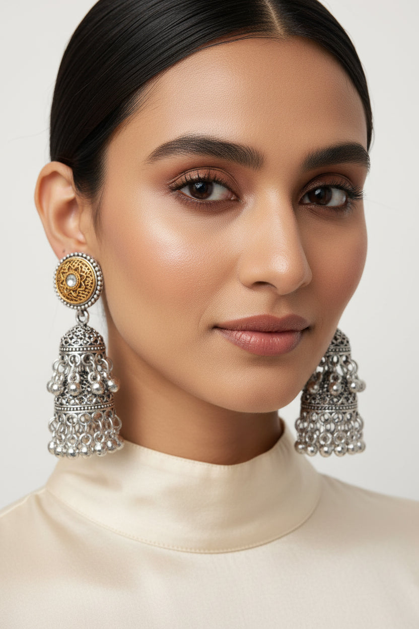 Dual-tone oxidised silver stone studded jhumka earrings by Famaza Couture