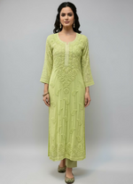 Apple Green colour chikankari 3d viscose long kurti by famaza couture