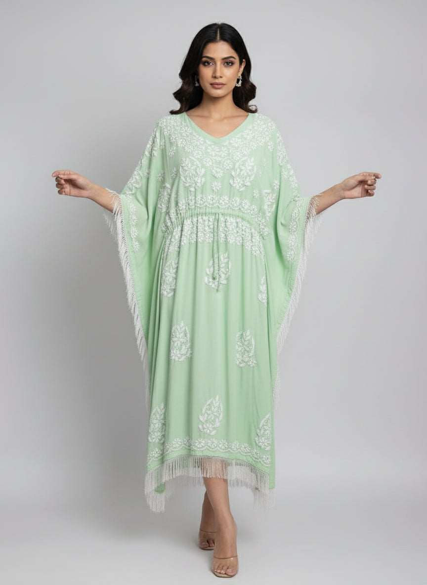 Apple Green kaftan with white chikankari embroidery work by famaza couture