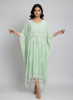 Apple Green kaftan with white chikankari embroidery work by famaza couture