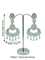 Studio shot of Aqua Mist drop statement earrings on a display stand, highlighting dimensions of 8 cm length, 4 cm width, and 7 grams weight per earring.