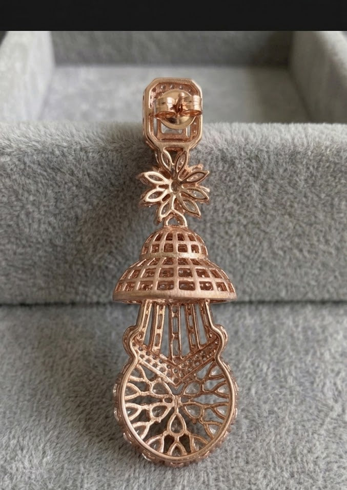 "Back view of Aria Imperial rose gold Jhumka earring showing intricate filigree pattern and secure stud backing."