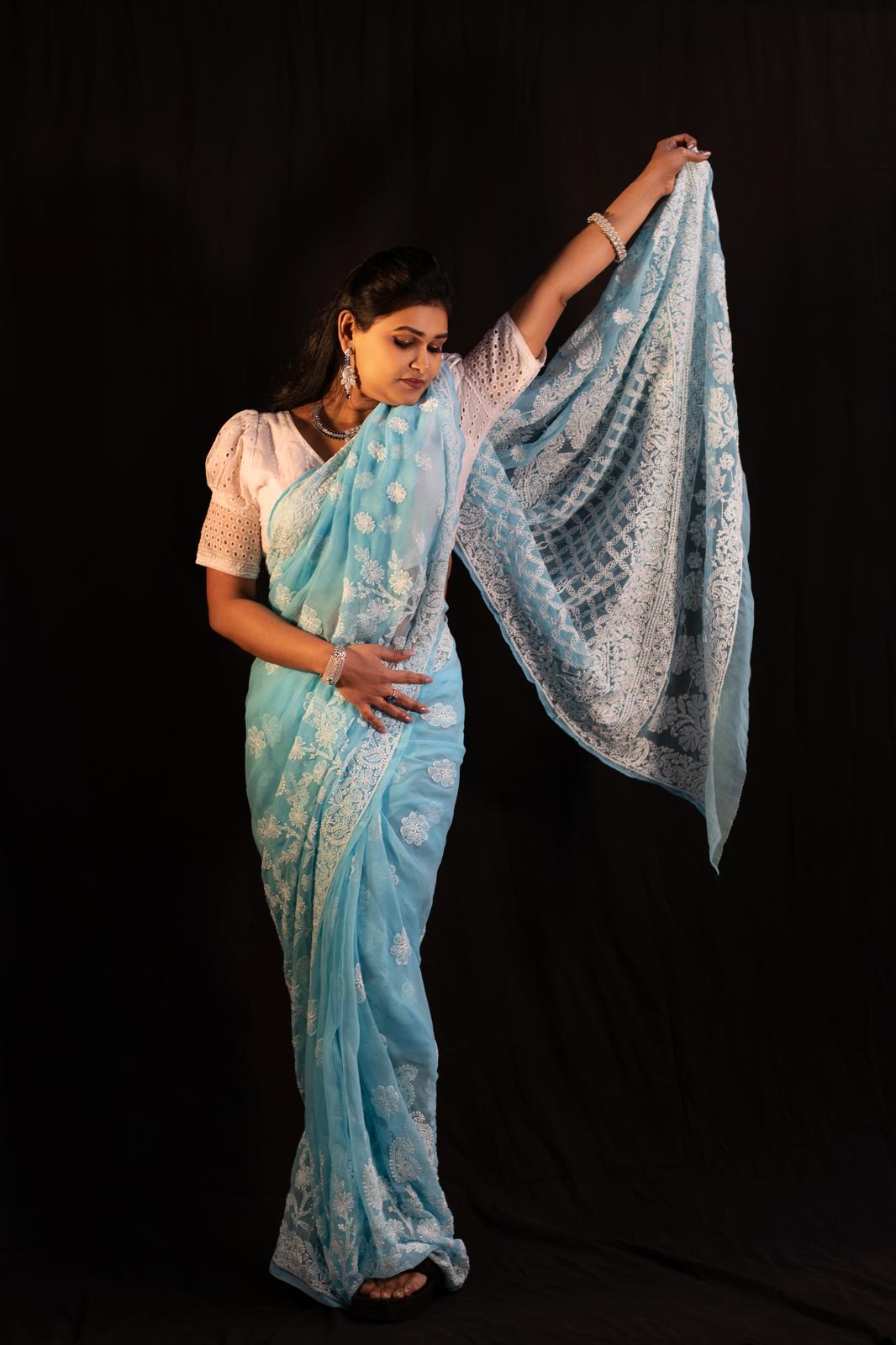 Full Jaal Chikankari Georgette Saree with Palla Keel Jaal Work – Elegant Ethnic Wear