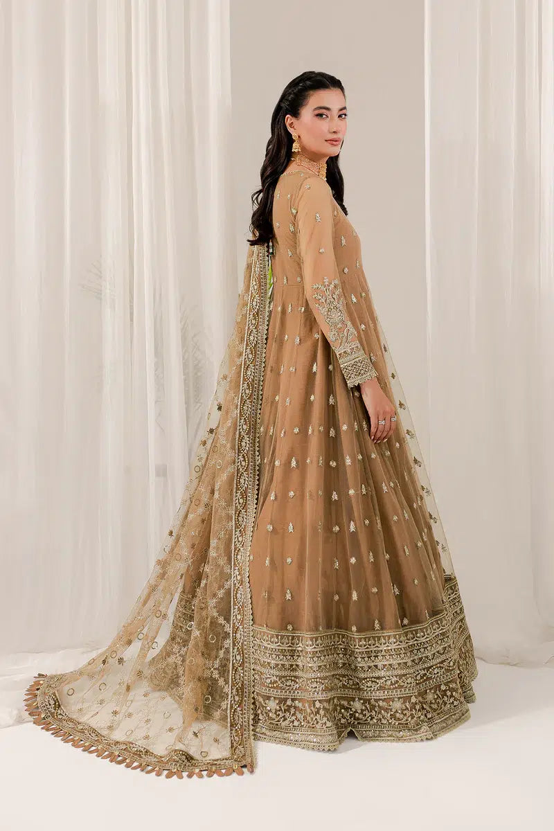 Elegant Beige Pakistani 3-Piece Party Wear Maxi Dress | Long Embroidered Evening Gown