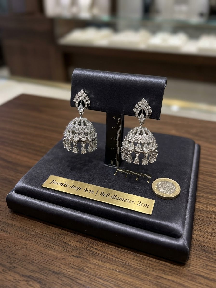 The Eve Silver-Plated Petite American Diamond Jhumka Earrings | Famaza Couture