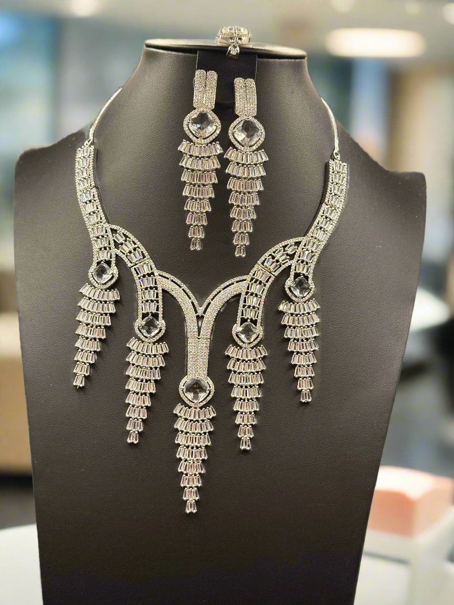 Sparkling Silver Cascade CZ Jewellery Set with Tikka | Famaza Couture