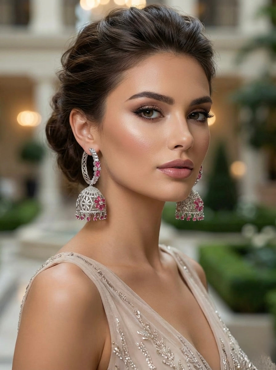 Premium Silver Imitation American Diamond Jhumka Earrings | Famaza Couture