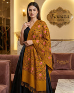 Mustard Glow | Intricate Machine-Embroidered Kashmiri Pashmina Scarves & Shawls | Floral Jaal Wrap