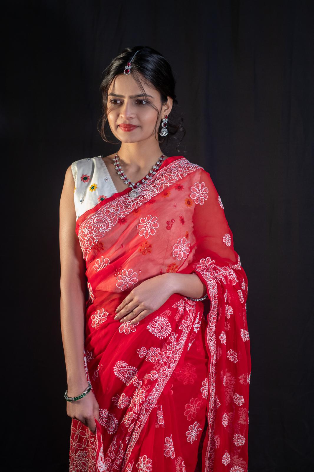 Full Jaal Chikankari Georgette Saree with Palla Keel Jaal Work – Elegant Ethnic Wear